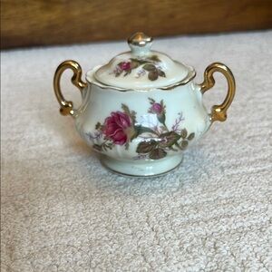 Vintage Anique Floral Porcelain Sugar Bowl Gold Accents